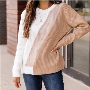 Pink Lily White and Tan Colorblock Sweater